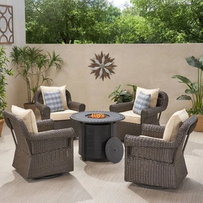 Amaya 5pc Outdoor 4 Wicker Swivel Chair & Fire Pit Set - Dark Brown/Beige/Matte Black - Christopher Knight Home 3 Amaya 5pc Outdoor 4 Wicker Swivel Chair & Fire Pit Set - Dark Brown/Beige/Matte Black - Christopher Knight Home