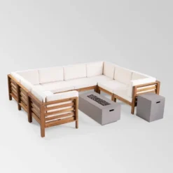 Oana 10pc Acacia Wood U-Shaped Sectional Sofa With Fire Pit Set - Teak/Beige - Christopher Knight Home