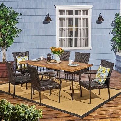 7pc Walker Acacia & Wicker Patio Dining Set Teak - Christopher Knight Home 3 7pc Walker Acacia & Wicker Patio Dining Set Teak - Christopher Knight Home