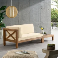 2pc Brava Outdoor Acacia Wood Left Arm Loveseat & Coffee Table With Cushion Teak/Beige - Christopher Knight Home -Outdoor Furniture Store GUEST c206bab7 7c5e 4fe3 9d56 2183ea0121a1