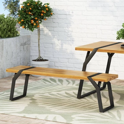 Varva Outdoor Acacia Wood Dining Bench Teak/Black - Christopher Knight Home 4 Varva Outdoor Acacia Wood Dining Bench Teak/Black - Christopher Knight Home - Image 2