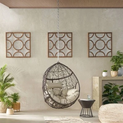 Castaic Indoor/Outdoor Wicker Hanging Chair With 8' Chain - Brown/Khaki - Christopher Knight Home -Outdoor Furniture Store GUEST c784fd8f 855b 4870 a53e 43a521431991