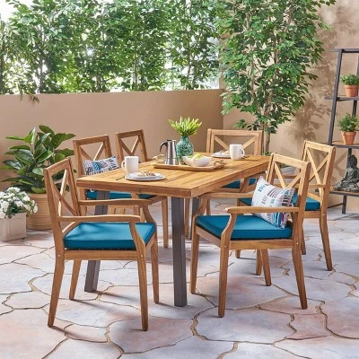 Juniper 7pc Acacia Wood Dining Set - Teak/Blue - Christopher Knight Home 3 Juniper 7pc Acacia Wood Dining Set - Teak/Blue - Christopher Knight Home