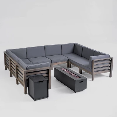 Malawi 10pc Acacia UShaped Sectional Sofa Set With Fire Pit Gray/Dark Gray - Christopher Knight Home 3 Malawi 10pc Acacia UShaped Sectional Sofa Set With Fire Pit Gray/Dark Gray - Christopher Knight Home