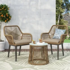 Russel 3pc Outdoor Wicker 2 Seater Chat Set - Light Brown/Beige - Christopher Knight Home