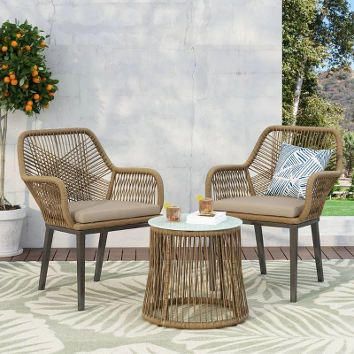 Russel 3pc Outdoor Wicker 2 Seater Chat Set - Light Brown/Beige - Christopher Knight Home 3 Russel 3pc Outdoor Wicker 2 Seater Chat Set - Light Brown/Beige - Christopher Knight Home