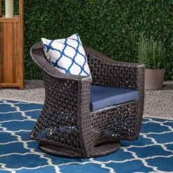 Big Sur Wicker Patio Swivel Chair - Multi-Brown/Navy Blue - Christopher Knight Home