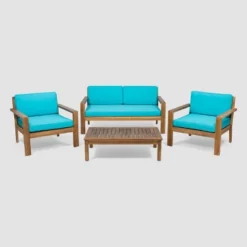 Santa Ana 4pc Acacia Wood Chat Set Teak/Teal - Christopher Knight Home