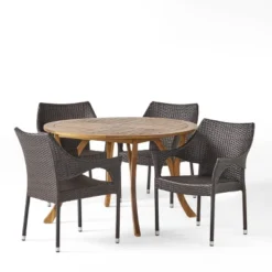 Laurent 5pc Acacia Wood & Wicker Dining Set - Teak/Brown - Christopher Knight Home