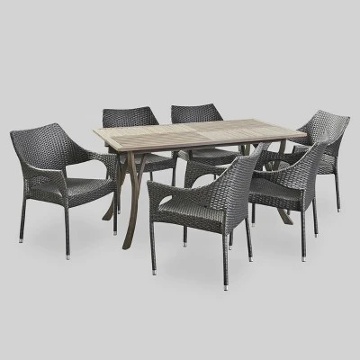 Nora 7pc Wicker And Acacia Wood Dining Set - Gray - Christopher Knight Home 3 Nora 7pc Wicker And Acacia Wood Dining Set - Gray - Christopher Knight Home