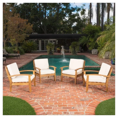 Peyton 4pk Acacia Wood Patio Club Chairs W/ Cushions - Beige - Christopher Knight Home 3 Peyton 4pk Acacia Wood Patio Club Chairs W/ Cushions - Beige - Christopher Knight Home