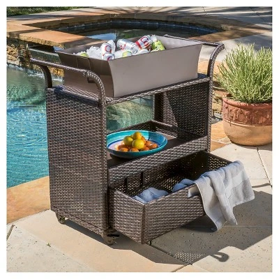 Ravenna Wicker Patio Bar Cart With Ice Bin - Brown - Christopher Knight Home 4 Ravenna Wicker Patio Bar Cart With Ice Bin - Brown - Christopher Knight Home - Image 2