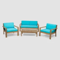 Santa Ana 4pc Acacia Wood Chat Set - Brushed Light Brown/Teal - Christopher Knight Home