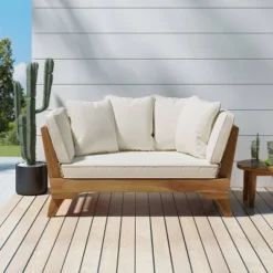 Serene Outdoor Acacia Wood Expandable Daybed With Cushions - Teak/Beige/Khaki - Christopher Knight Home
