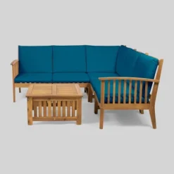 6pc Carolina Acacia Wood Sofa Sectional Set Blue - Christopher Knight Home
