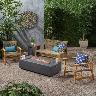 Augusta 5pc Wood & Wicker Chat Set With Fire Pit - Natural/Gray/Dark Gray - Christopher Knight Home 3 Augusta 5pc Wood & Wicker Chat Set With Fire Pit - Natural/Gray/Dark Gray - Christopher Knight Home