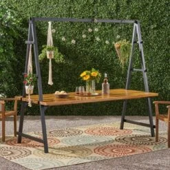 Huckleberry Rectangle Acacia Wood Patio Dining Table With Iron Plant Hanger Teak/Black - Christopher Knight Home