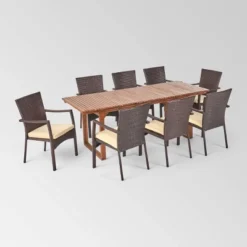 Villa 9pc Wood And Wicker Expandable Dining Set Brown And Cream - Christopher Knight Home