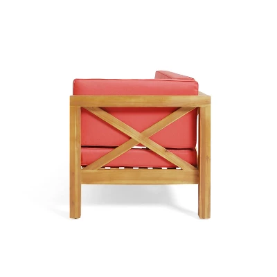 2pc Brava Outdoor Acacia Wood Right Arm Loveseat & Coffee Table With Cushion Teak/Red - Christopher Knight Home 7 2pc Brava Outdoor Acacia Wood Right Arm Loveseat & Coffee Table With Cushion Teak/Red - Christopher Knight Home - Image 5