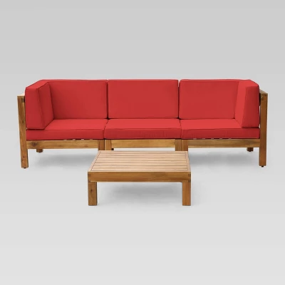 Brava 4pc Acacia Modular Sofa And Table Set - Teak/Red - Christopher Knight Home 3 Brava 4pc Acacia Modular Sofa And Table Set - Teak/Red - Christopher Knight Home